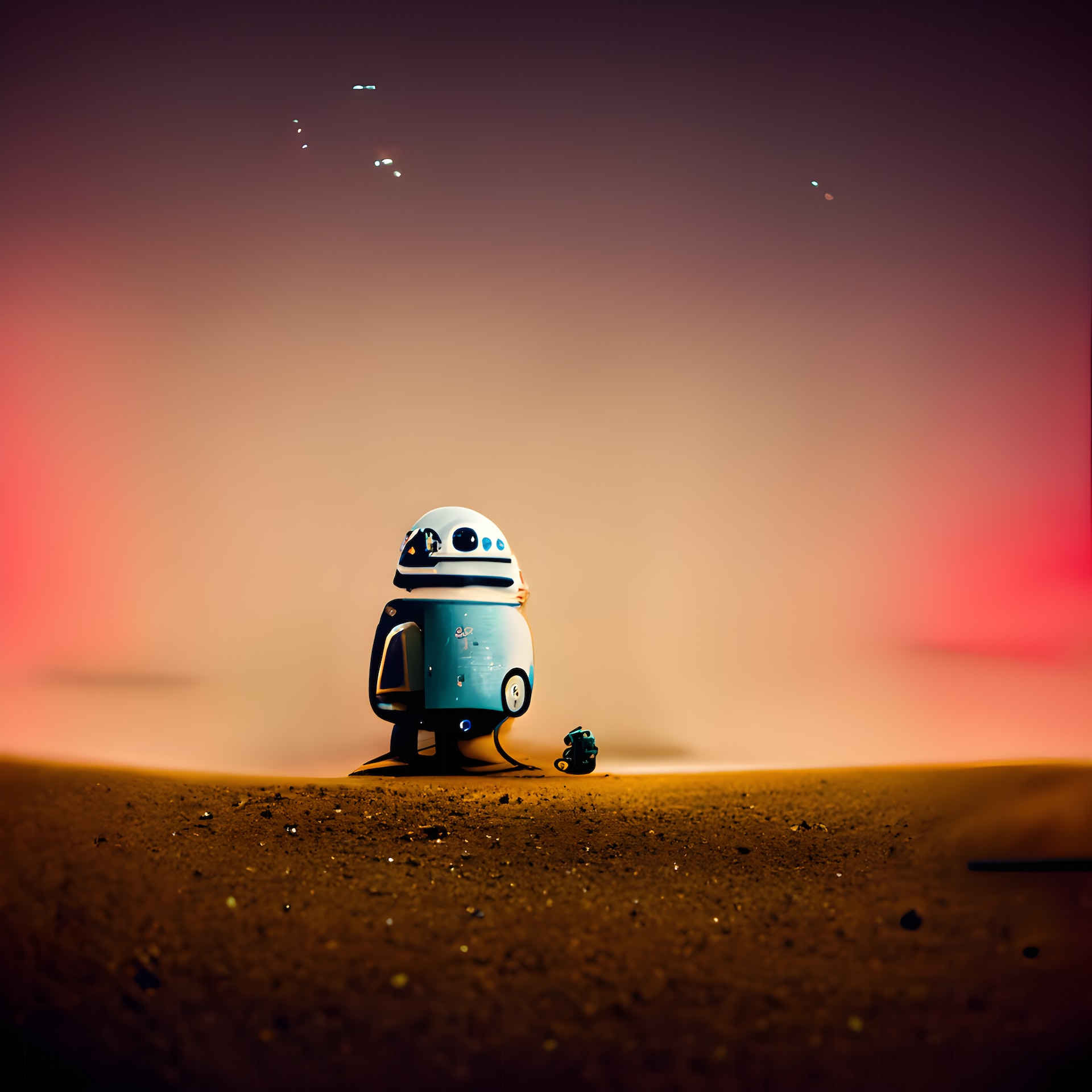 A cute robot standing on the sand in a desert with stars or lights in the sky