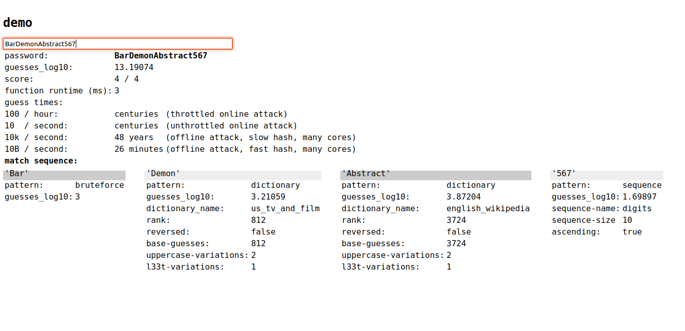 a screenshot of the zxcvbn tool on Github for the provided example: BarDemonsAbstract567