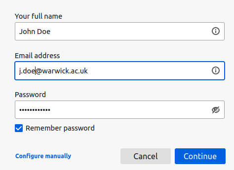 screenshot of the add account form: enter a name, email address and password