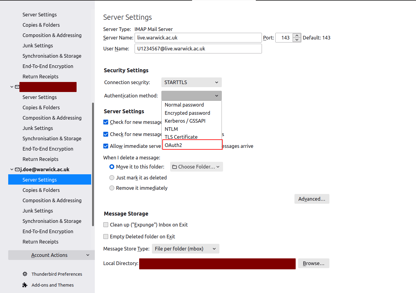 screenshot of the full settings menu - select OAuth from the authentication method dropdown