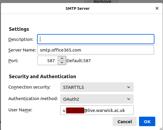 Screenshot of the outgoing settings modal: select STARTTLS and OAuth2