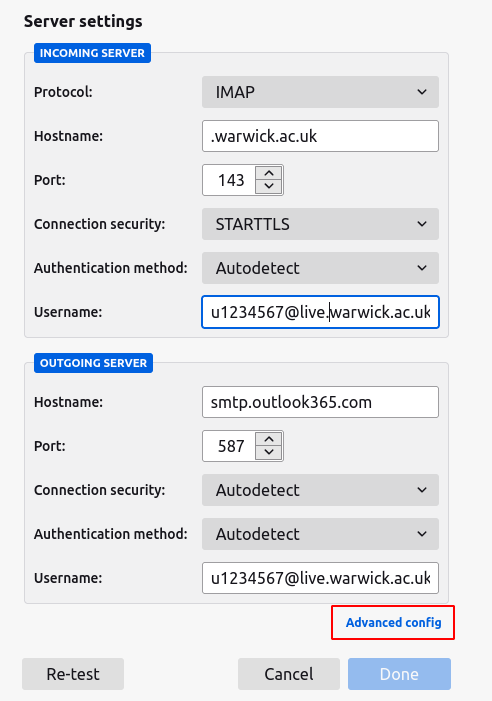 screenshot of the form populated with example values. The Advanced Config link highlighted in red