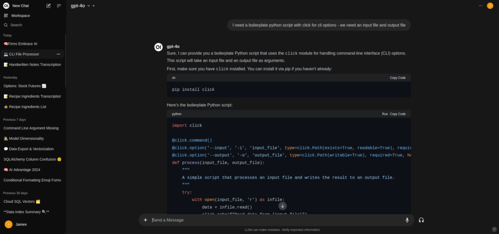 Screenshot of a coding chat interface where the user requests a Python script with CLI options using the `click` module. The response provides a detailed guide, including installation instructions (`pip install click`) and a code snippet for processing an input file and saving the result to an output file. The left sidebar displays recent activity and categories, including today's and previous days' items like 