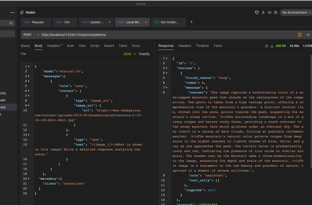 Screenshot of a REST interface. A pane on the left shows a json payload that was sent to the server containing messages to the model telling it to analyse an image url.
<p>On the right is the response which describes the mountain in the picture that was sent." class=“wp-image-4000”/></figure></p>
<!-- /wp:image -->
<!-- wp:paragraph -->
<p></p>
<!-- /wp:paragraph -->
<!-- wp:heading -->
<h2 class=