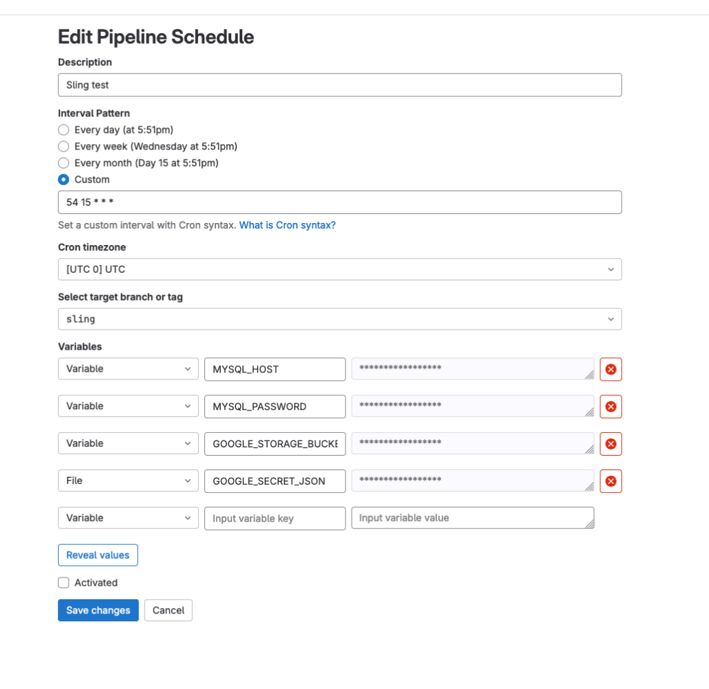 User interface for editing a pipeline schedule. Form includes fields for description ('Sling test'), interval pattern selection (custom selected with '54 15 * * *' cron syntax), cron timezone (UTC 0), and target branch ('sling'). Variables section shows four filled entries for MYSQL_HOST, MYSQL_PASSWORD, GOOGLE_STORAGE_BUCKET, and GOOGLE_SECRET_JSON, with values obscured. An empty variable entry is available. Options to reveal values, toggle activation, save changes, or cancel are provided.