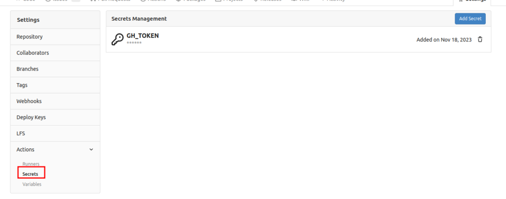 A screenshot of the project settings in gitea. Navigate to Actions, Secrets, Add Secret and reate a new secret called GH_TOKEN.