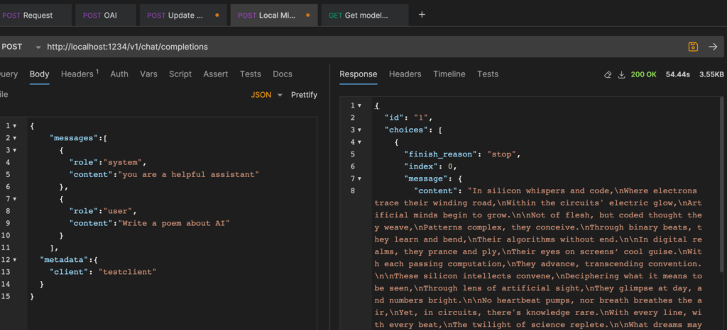 Screenshot of a REST tooling interface. A pane on the left shows a json payload that was sent to the server containing messages to the model telling it to behave as a useful assistant and write a poem.
<p>On the right is the response which contains a message and the beginning of a poem as written by the model." class=“wp-image-3999”/></figure></p>
<!-- /wp:image -->
<!-- wp:paragraph -->
<p></p>
<!-- /wp:paragraph -->
<!-- wp:heading -->
<h2 class=