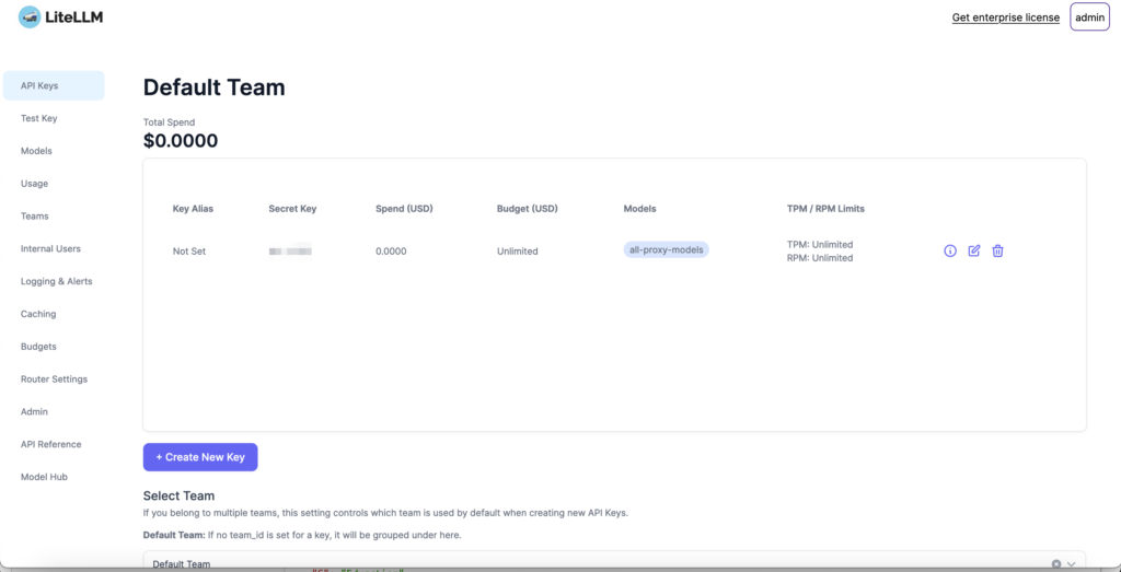 Screenshot of the LiteLLM dashboard interface. The main section displays information for the 