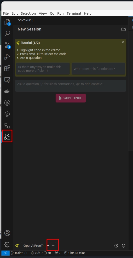 A screenshot of the continue sidebar with the add button highlighted in red