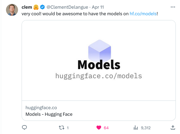 A screenshot from twitter: @clem very cool, would be awesome to have the models on hf.co/models