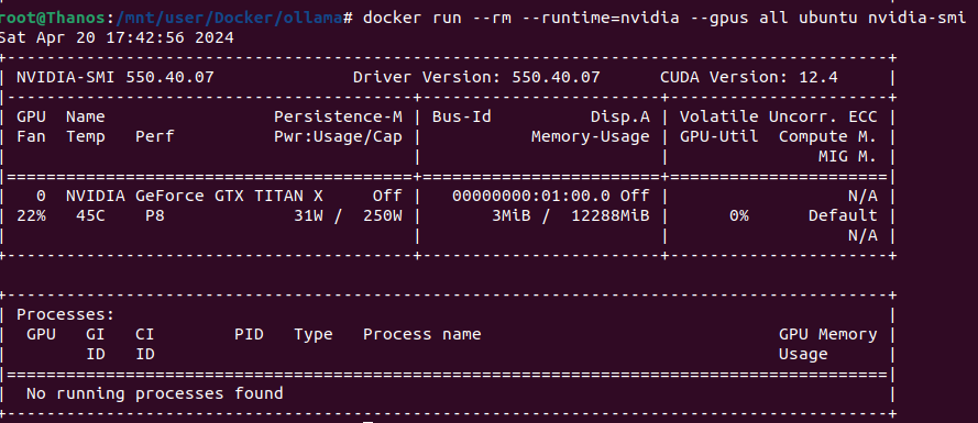 A screenshot of nvidia-smi output which shows the GPU name, how much power it is drawing, how much VRAM is in use and any processes using the card.