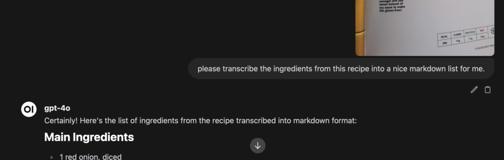 Screenshot of a chat interface where the user uploads an image of a recipe and requests transcription of the ingredients into a Markdown list. The response from 