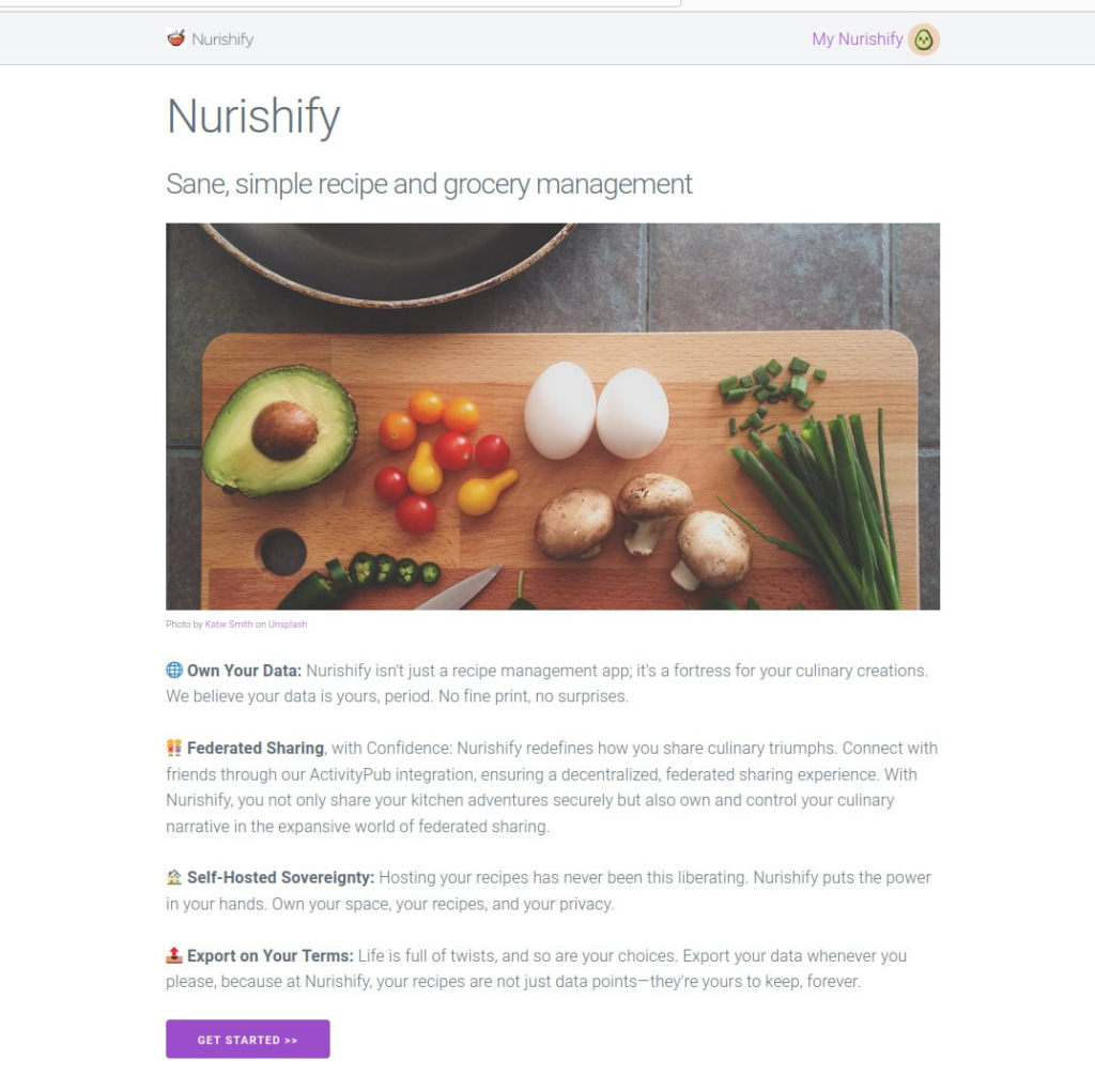 A landing page. There is a photo of some food on a chopping board and a summary of the app and  what it does. There is a button inviting users to sign up to use the app.