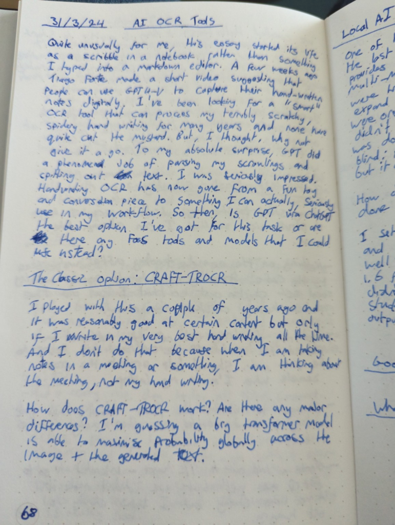 A page in a notebook with handwritten text which is the first draft of this very post. It starts 