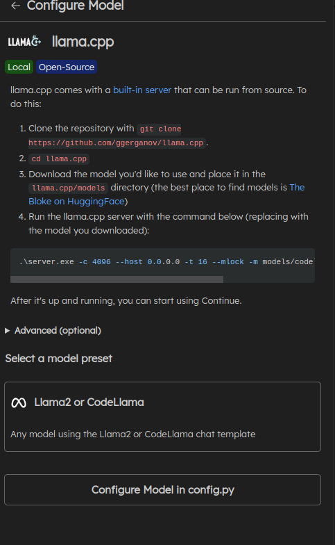 A screenshot of the continue sidebar with llama config view